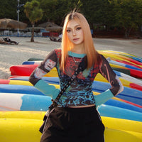 Women's European Style Mesh Print Long Sleeve T-Shirt