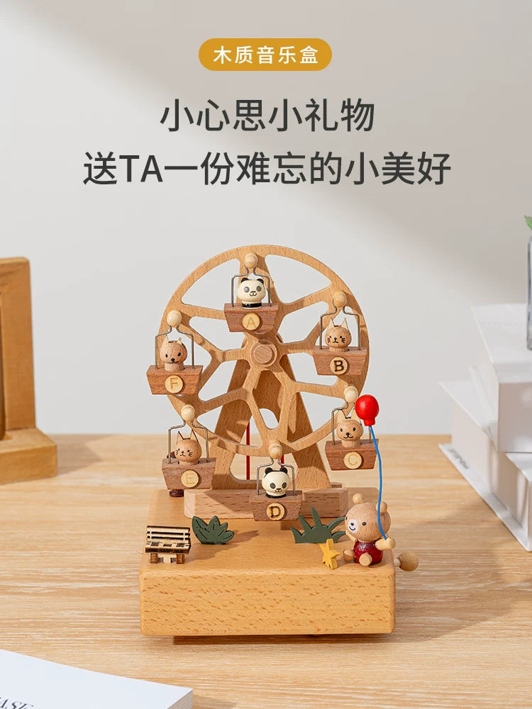 Wooden Rotating Train Music Box with Ferris Wheel, Engraved Birthday Gift for Girls, Best Friends, Souvenir