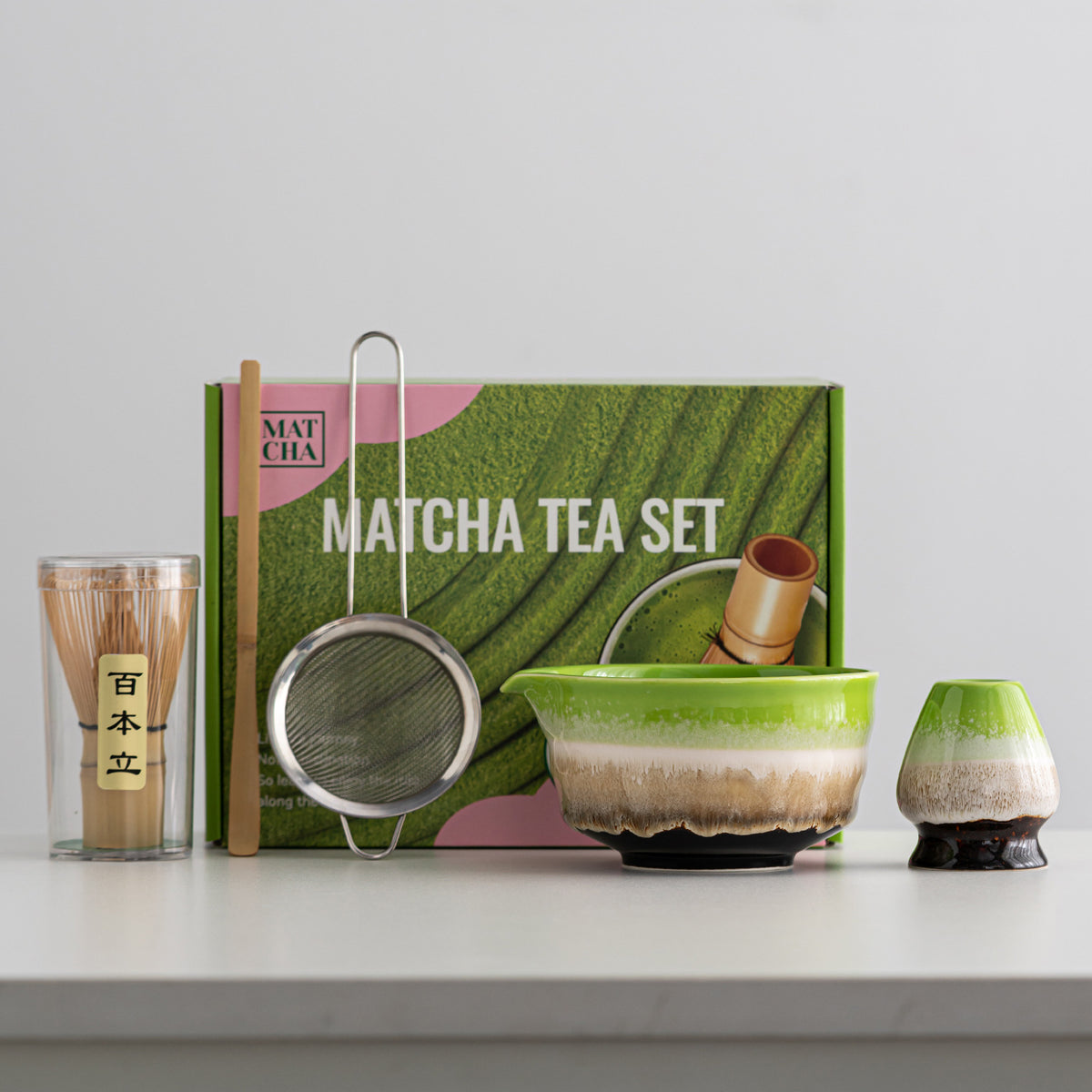 Japanese Ceramic Matcha Bowl Set with Bamboo Whisk and Scoop