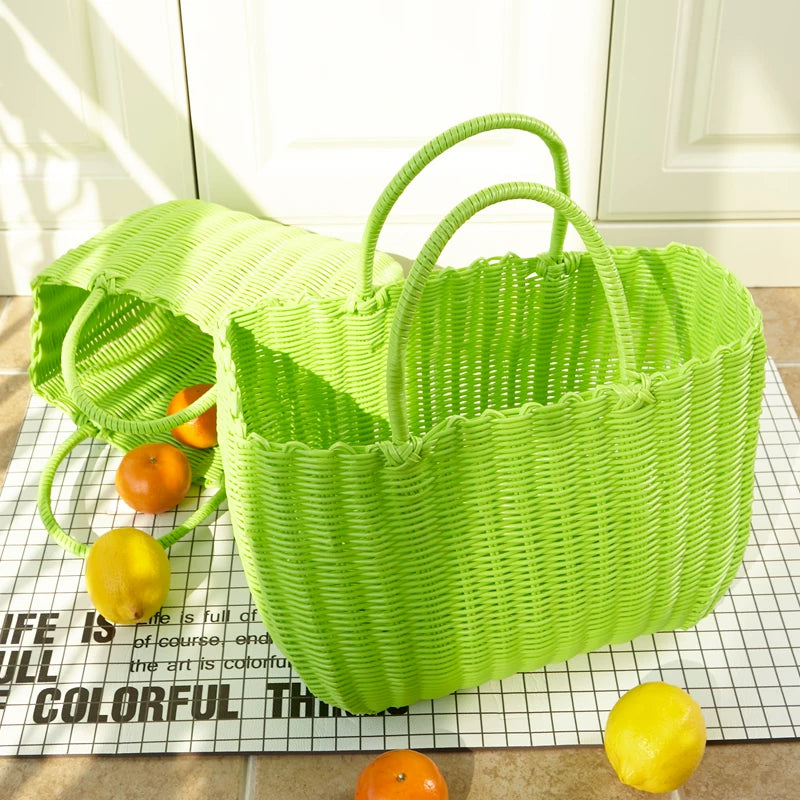 Woven Plastic Portable Storage Basket for Shopping, Picnics, and Pet Transport