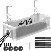 Under-Desk Cable Management Tray with Clamp-On Power Strip Holder for Office and Home