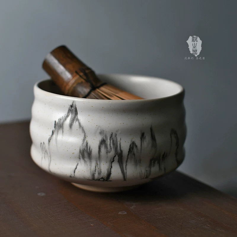 Hand-Painted Ceramic Matcha Bowl with Glazed Landscape Design, Japanese Zen Style
