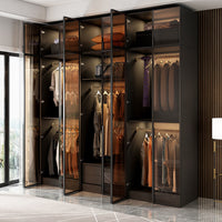 Luxury Solid Wood Glass Door Wardrobe L-shaped Modern Corner Cloakroom Storage Cabinet Combination for Bedroom Home