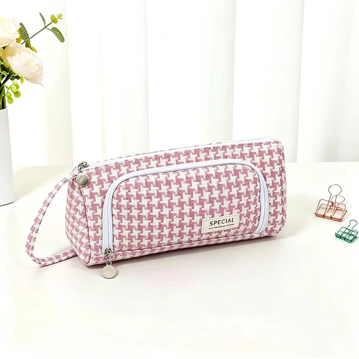 Large Capacity Canvas Pencil Case with Window, Portable Grid Pattern, Multi-functional Stationery Pouch for Students