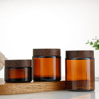 Frosted Brown Glass Cream Jar with Wood Grain Lid, Portable Refillable Cosmetic Container for Travel