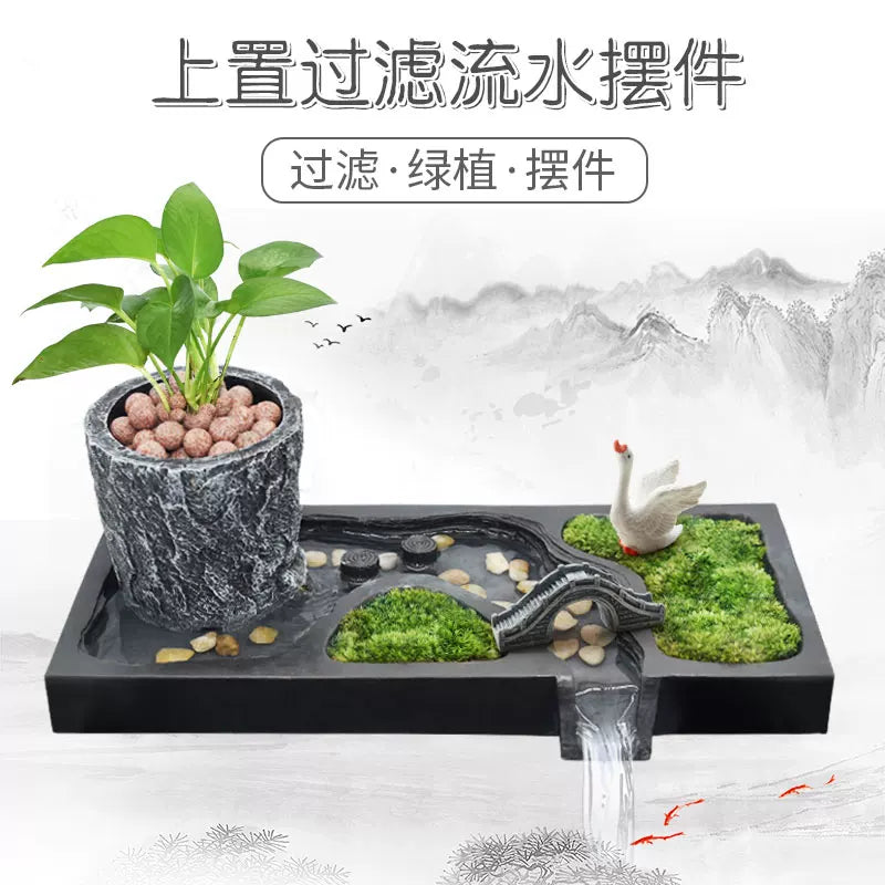 Aquarium Water Circulation Ornament with Stone Trough Tray and Filter