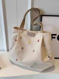 Large Capacity Canvas Tote Bag for Women, Embroidered Letter Shoulder Bag, Student Handbag
