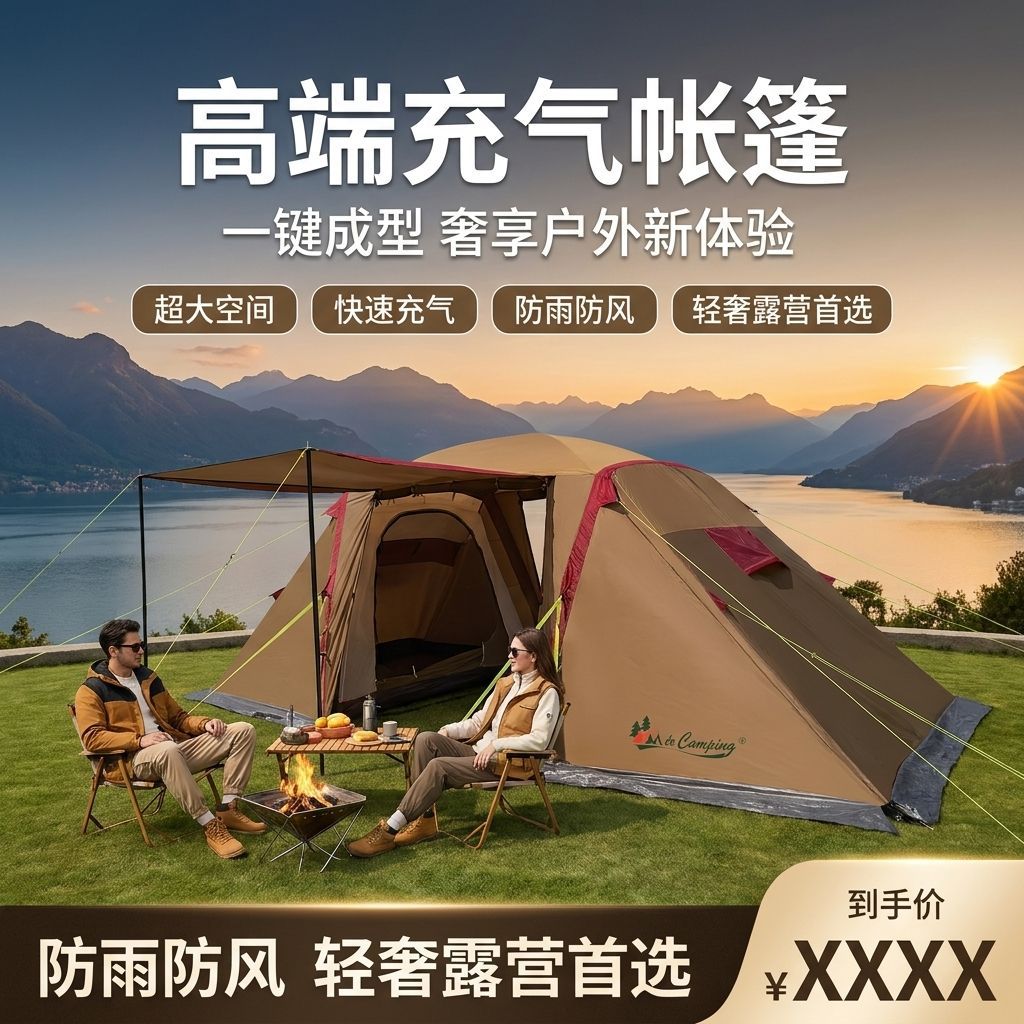 Outdoor Camping 4-6 Person Double Layer Portable Tent with Two Rooms and One Hall, Rainproof and Sunscreen