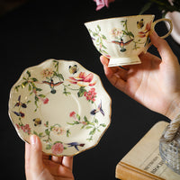 Vintage Floral Bird Coffee Cup and Saucer Set with Gold Trim, Ceramic Afternoon Tea Mug