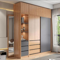Nordic Modern Minimalist Solid Wood Sliding Door Wardrobe for Bedroom, Small Apartment, Finished Wooden Closet