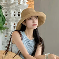Handmade Straw Wide-Brim Sun Hat for Women, Summer Outdoor UV Protection Fisherman Cap