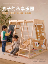Wooden Indoor Climbing Frame with Slide, Swing, and Blackboard for Kids