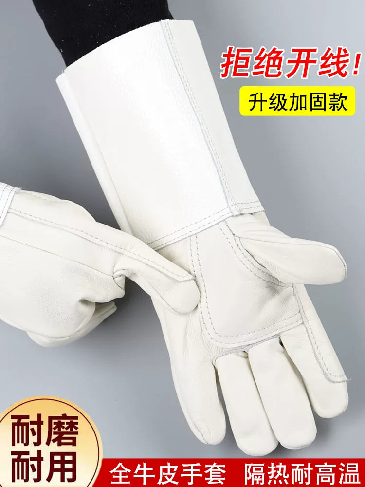 Long First Layer Cowhide Welding Gloves with Reinforced Heat Protection