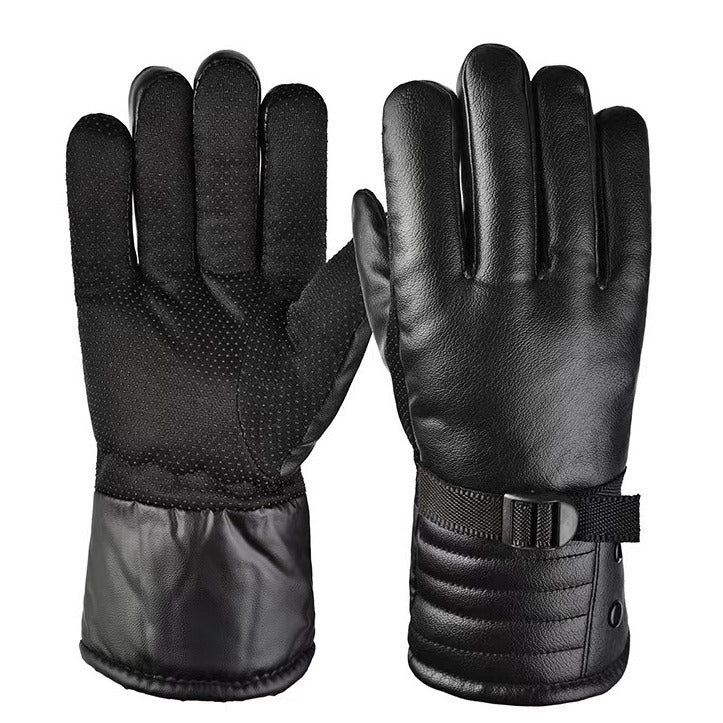 Men's Winter Warm PU Leather Motorcycle Gloves with Thermal Lining, Windproof & Non-slip for Outdoor Riding