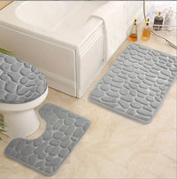 Pebble Embossed Coral Fleece Bathroom Mat Set - Non-Slip Absorbent Toilet U-Shape Rugs
