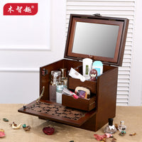Wooden Cosmetic Jewelry Box with Mirror, European Style Portable Large Makeup Storage Case