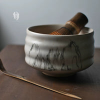 Hand-Painted Ceramic Matcha Bowl with Glazed Landscape Design, Japanese Zen Style