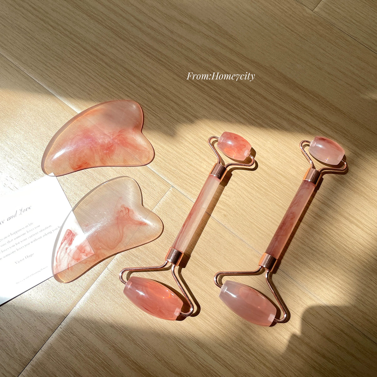 2-Piece Amber Pink Facial Roller & Gua Sha Set for Face Lifting & Relaxation