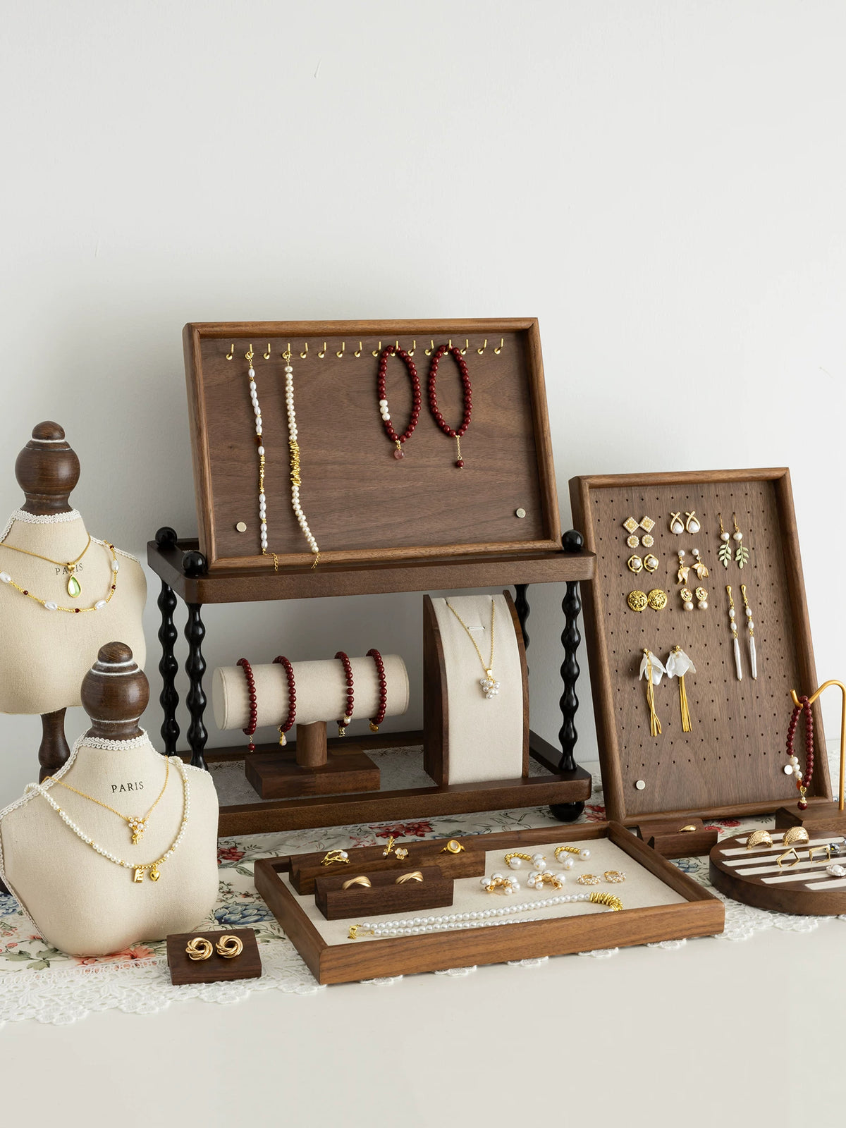 Walnut Wood Jewelry Display Stand for Necklaces, Bracelets, Earrings, and Rings