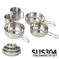 Outdoor Camping 304 Stainless Steel Cookware Set - Portable 5-Piece Mess Kit for Hiking, Picnics, BBQ
