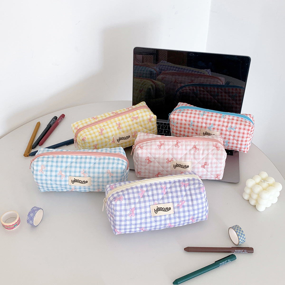 Cream Plaid Bowknot Pencil Case Portable Stationery Storage Bag for Students