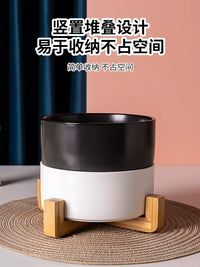 Ceramic Pet Bowl with Wooden Stand for Cats and Small Dogs, Elevated Food and Water Dish, Anti-Tip, Neck Protection