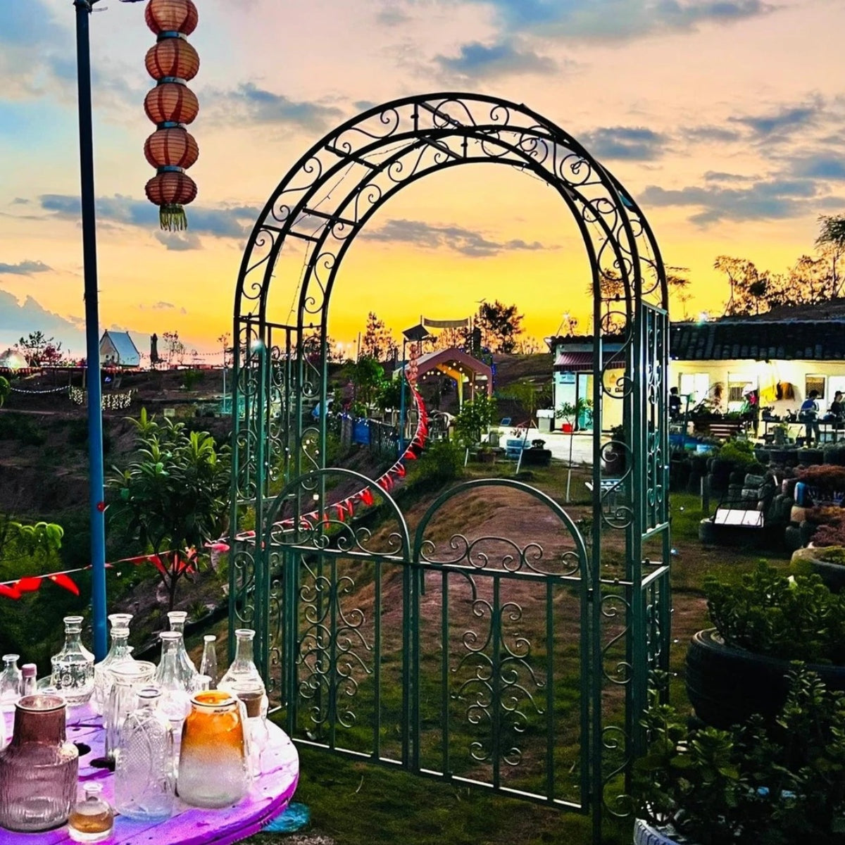 European Style Wrought Iron Archway with Gate for Climbing Plants, Outdoor Garden Arbor for Roses and Vines