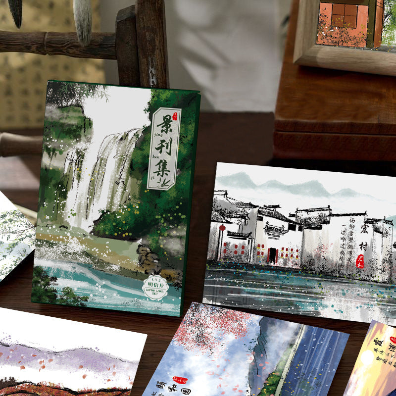 Paper Fan Boxed Postcards - City Memory & Scenery Collection, 30-Pack Art Souvenir Message Cards for Students