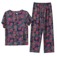 Women's Viscose Pajama Set Short Sleeve Top Long Pants Floral Print Button-Down Loungewear for Middle-Aged Mothers