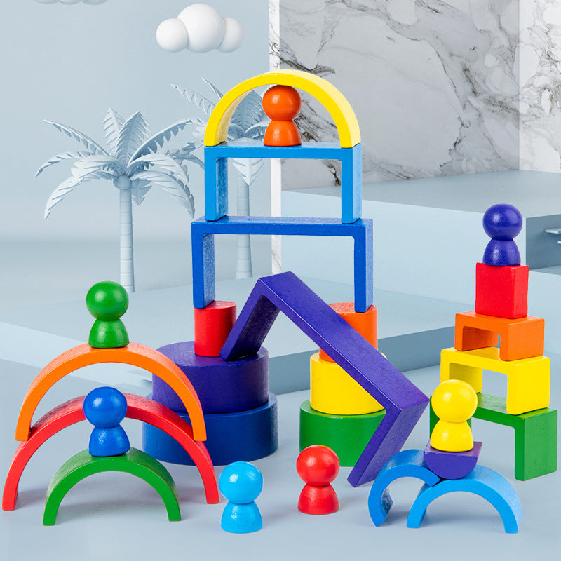 Wooden Rainbow Stacking Blocks Set with Peg Dolls for Kids, Educational Creative Building Toy