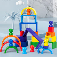 Wooden Rainbow Stacking Blocks Set with Peg Dolls for Kids, Educational Creative Building Toy