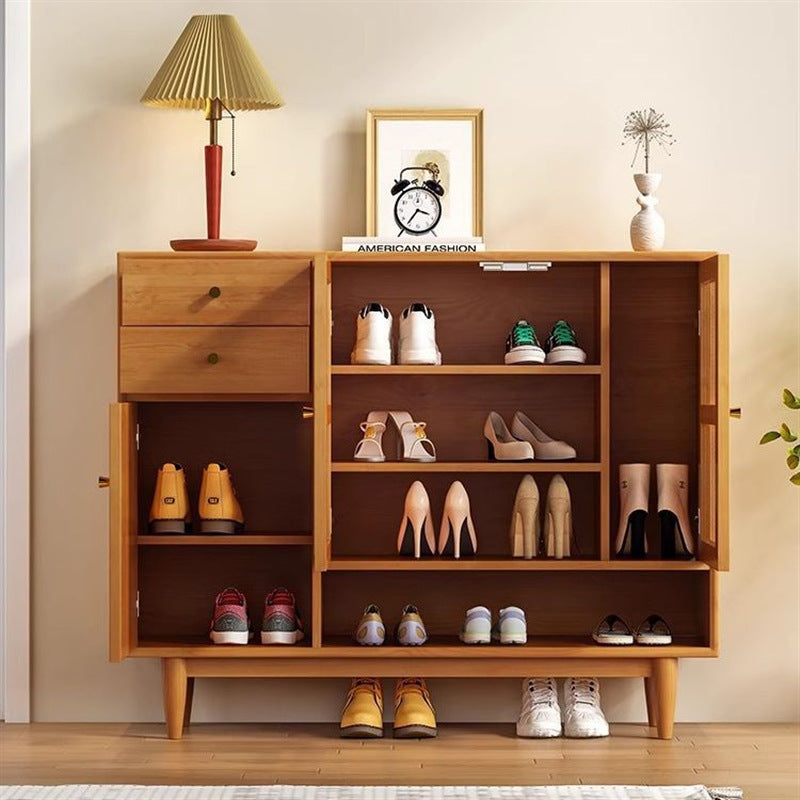 Japanese Style Solid Wood Rattan Shoe Cabinet Large Capacity Entryway Hallway Cabinet Nordic Cherry Wood Double Door Breathable Storage Cabinet
