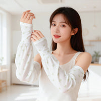 Summer Sun Protection Arm Sleeves and Fingerless Gloves for Driving, Cycling, UV Coverage, Ice Silk, Printed