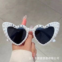 BRIDETOBE Pearl Diamond Halloween Letter Heart Sunglasses for Bridal Party