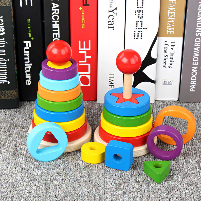 Wooden Stacking Geometric Tower Toy for Toddlers and Kids