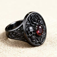 2026 New Electroplated Gunmetal Skull Ring with Rose Flower Design for Women, Vintage Halloween Jewelry