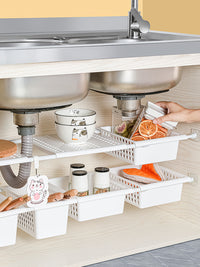 Under Sink Kitchen Storage Rack Retractable Shelf Organizer No-Drill Layered Pot Pan Holder Set