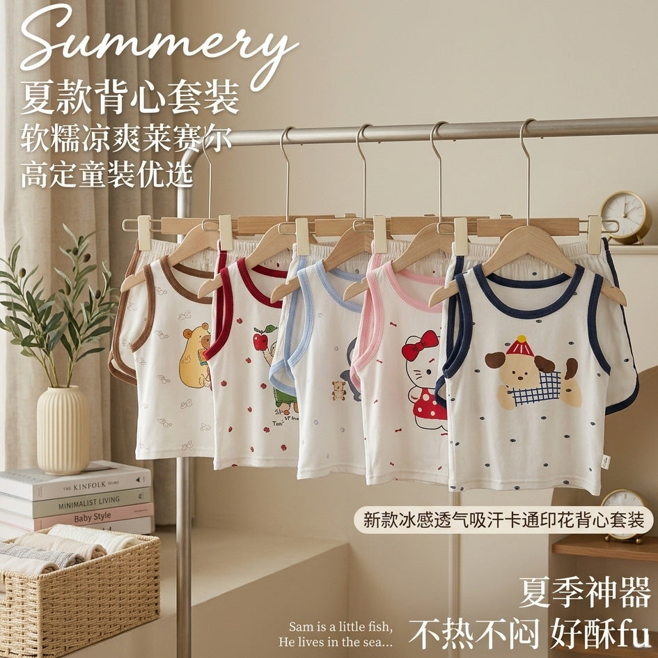 Kids' Tencel Sleeveless Pajama Set - Breathable Cartoon Vest & Shorts for Summer