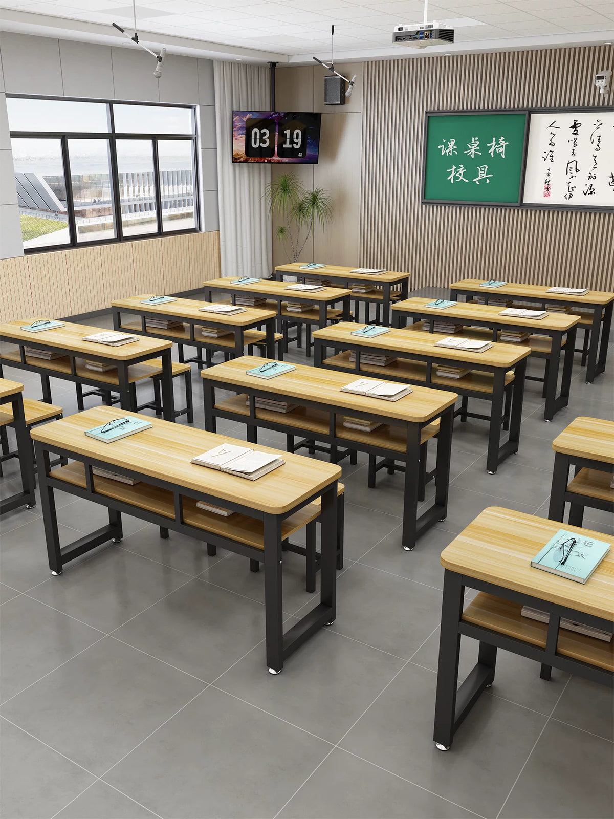 Double Student Desk with Chairs for Classroom and Tutoring Centers