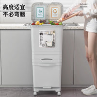 Large Capacity Kitchen Trash Can with Wheels, Multi-layer, Tall, No Bending, Japanese Style Storage Rack with Lid