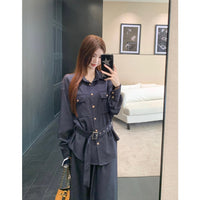 Plus Size Lycra Denim Lapel Long Sleeve Shirt & Tie-Waist Two-Piece Set with Scarf
