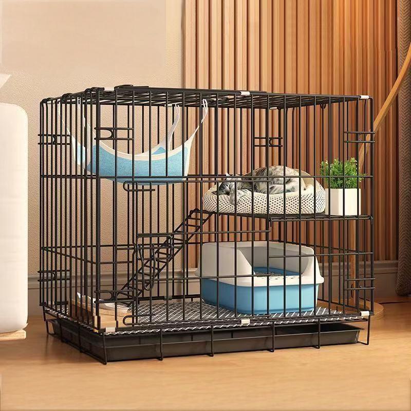 Large Foldable Indoor Cat Cage with Double-Layer Cat Bed and Hammock