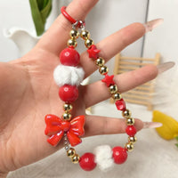 Christmas Red and White Phone Chain with Plush Ball and Beaded Keychain for Bags and Earphone Cases