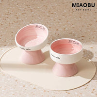 MIAOBU Ceramic Elevated Pet Bowl for Cats and Small Dogs, Hand-Painted Design, Neck Protection Feeder for Food and Water