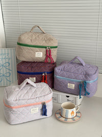 Color Block Plaid Portable Cosmetic Bag for Travel and Daily Use