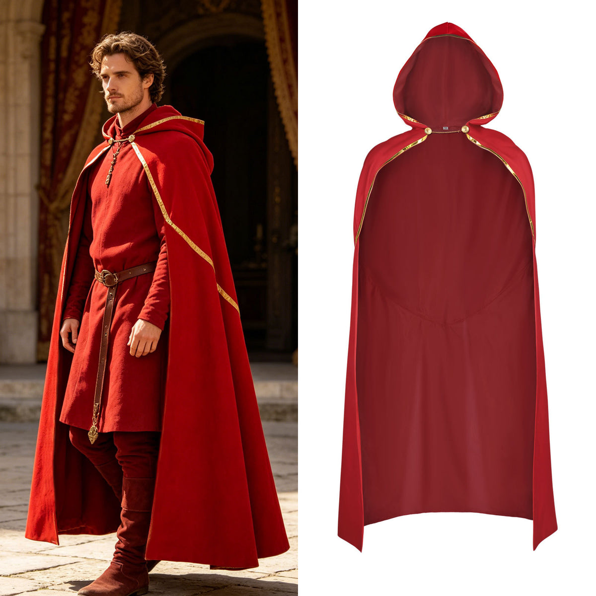 Medieval Gold Trim Hooded Cloak for Halloween Cosplay