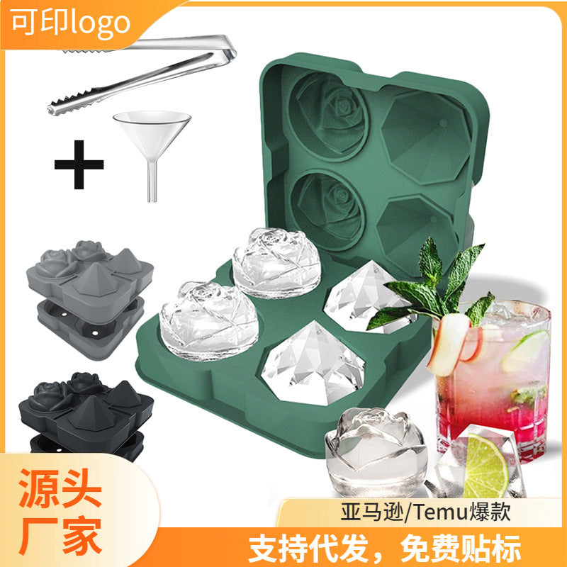 Silicone Whiskey Ice Cube Molds - Creative 4-Cavity Rose & Cube Ice Trays
