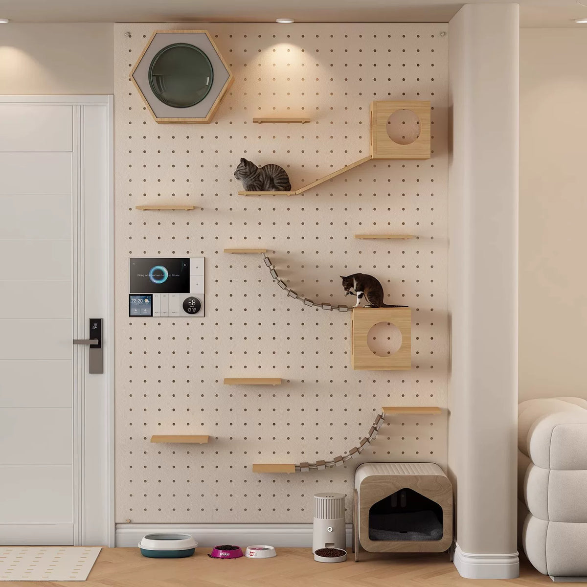 Wall-Mounted Solid Wood Cat Climbing Frame with Condo & Scratching Post for Small Spaces