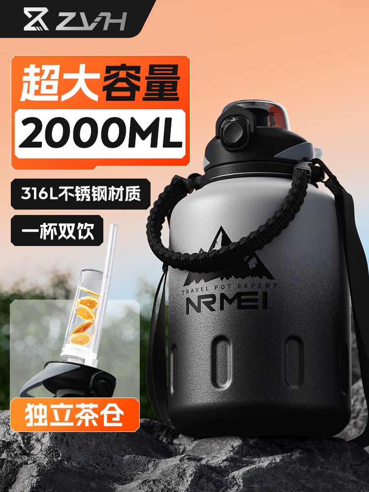 Enermei Large Capacity Insulated Water Bottle with Straw and Strap, 1.5L/2L Stainless Steel for Hot and Cold Beverages