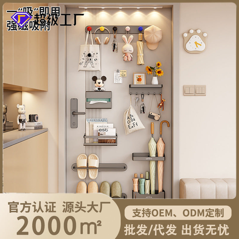 Magnetic Entryway Organizer Shelf with Key Hooks and Umbrella Holder for Doors